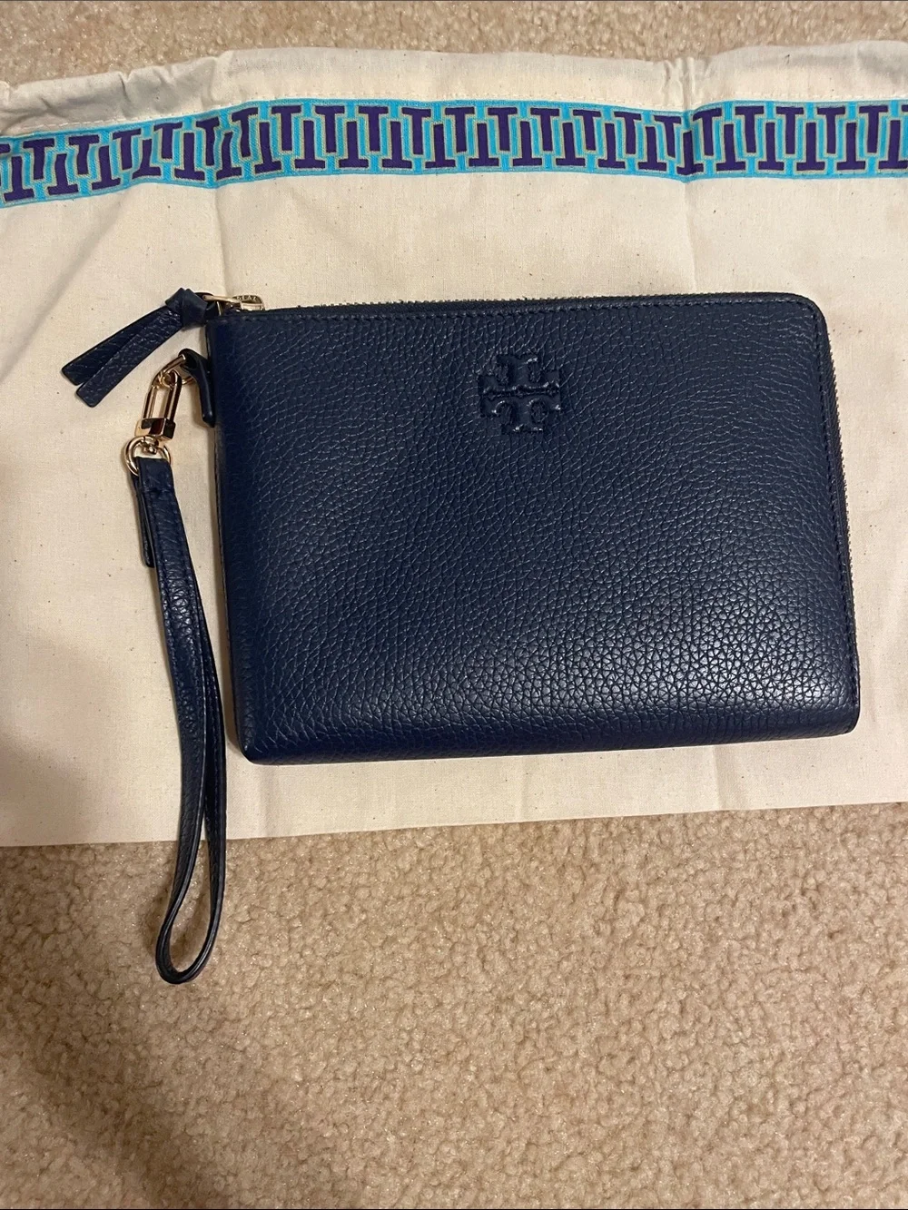 Tory Burch Pebbled Leather Navy Wristlet Clutch